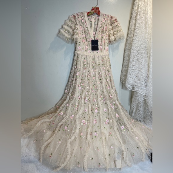 NEEDLE & THREAD Florentina Ankle Gown Dress Floral Lace Embroidered Ruffle - Picture 5 of 10